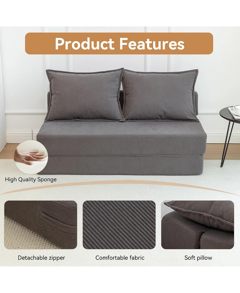Rainsken Foldable Sofa Bed, 47.6'' Convertible Sleeper Chair, Corduroy Boneless Couch with 2 Pillows for Living Room, Home Office