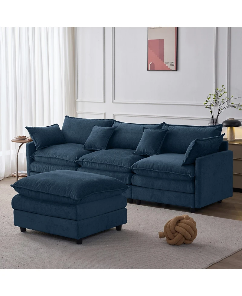 Rainsken 105-inch L Shape Modular Sofa, Chenille Fabric 3-Seater Convertible Sectional Couch with Mobile Ottoman for Living Room