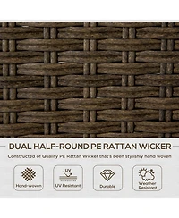 Outsunny 5-Piece Outdoor Pe Rattan Wicker Patio Furniture Set, Cushions, 1 Loveseat, 2 Armchairs, 1 Faux Wood Slat Two-Tier Center Coffee Table, 1 Two