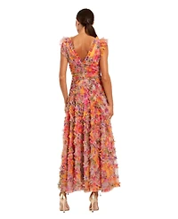 Mac Duggal Petite Multicolor Floral V-Neck Ruffle Maxi Dress