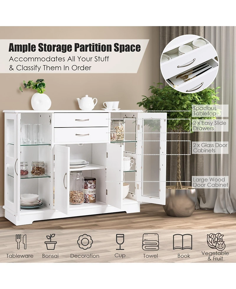 Gouun Sideboard Buffet Server Storage Cabinet with 2 Drawers and Glass Doors, 42 x 11.5 x 32