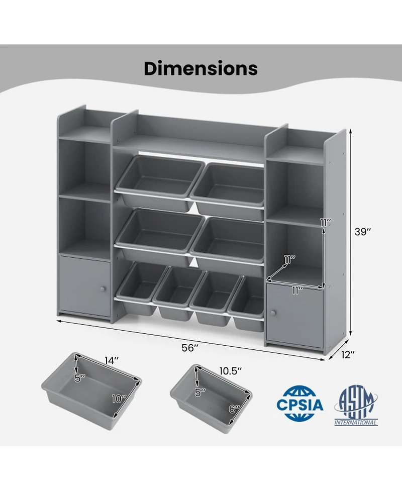 Gouun 56 in Large Toy Storage Organizer with 8 Removable Bins and Bookshelf