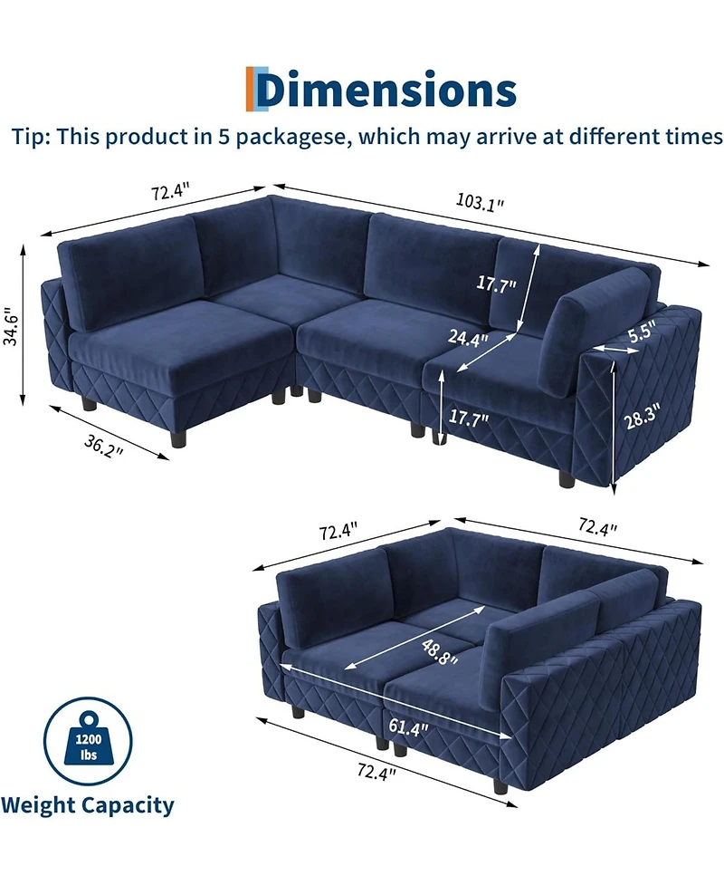 gaomon 134 in Modular Sectional Sofa, 4 Seat High Density Sponges Cloud Couch L Shaped Sofa, Velvet Couch with Upholstered for Living Room, Apartment