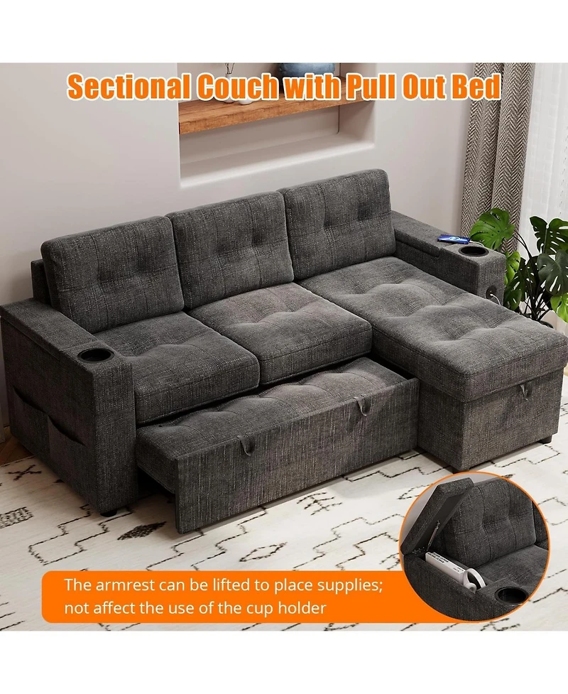 gaomon Sofa Bed, 84 in Sleeper Sofa with Pull Out Bed, Comfy Couches for Living Room with 2 Charging Ports, L Shaped Couch with 2 Storage Armrest