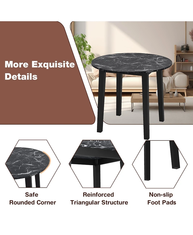 Gouun 35 in Round Dining Table with Rubber Wood Legs and Marble-Textured Top