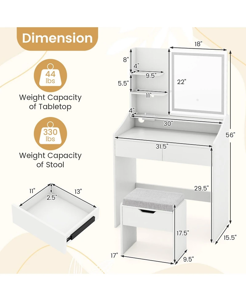 Sugift Vanity Desk Led Lighted Makeup Table with 3 Color Modes