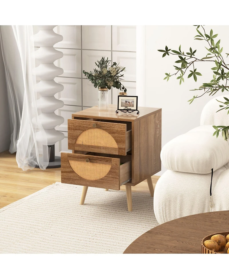 Sugift Set of 2 Rattan Nightstand with 2 Drawers and Solid Wood Legs