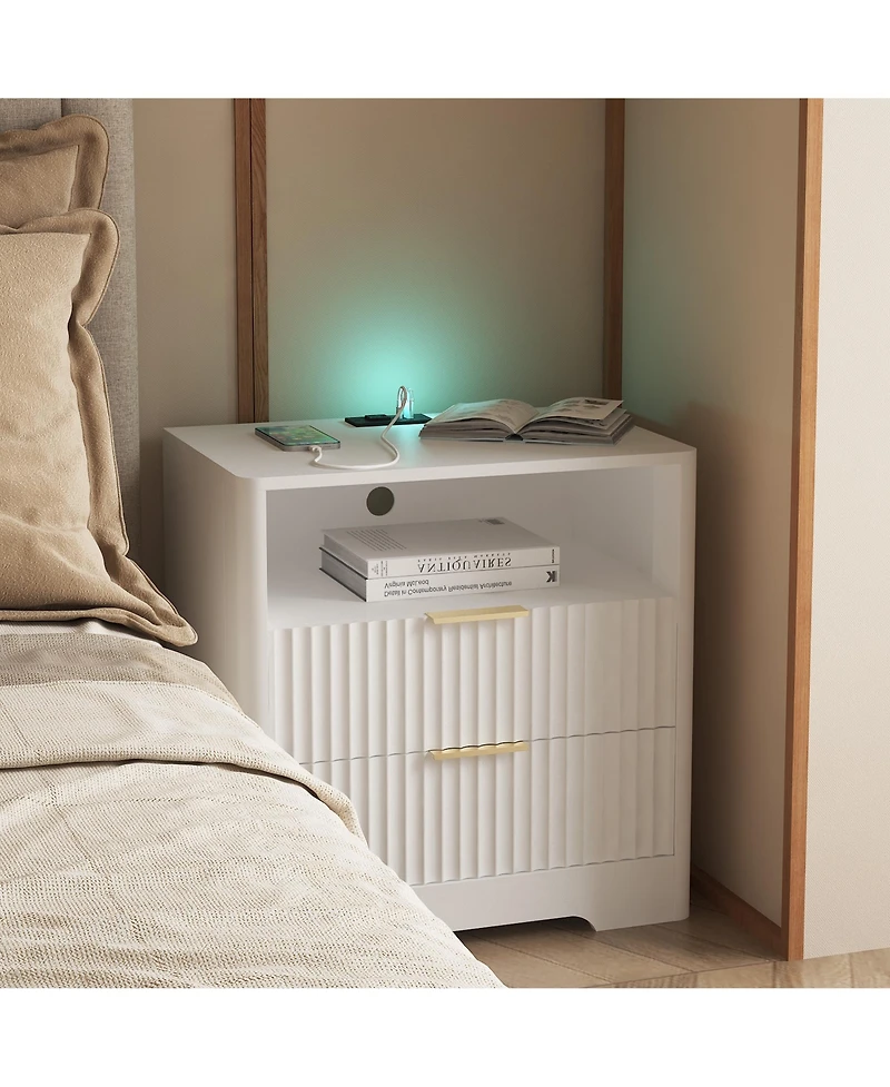 Rainsken Multi-Storage Nightstand with 2 Drawers, Open Shelf, Built-in Charging Station and Night Light for Bedroom and Living Room