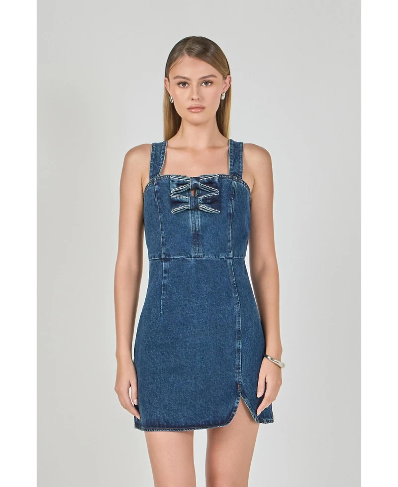 endless rose Women's Bow Trim Denim Mini Dress