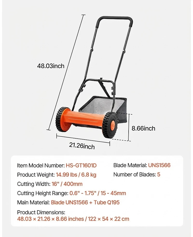 Sugift Push Reel Lawn Mower, 16 inch, 5 Blades, Manual Mower with Grass Catcher