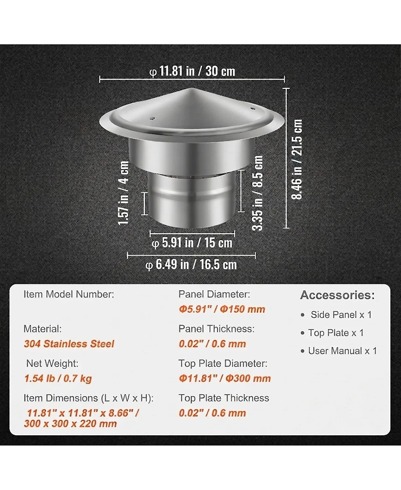 Sugift Chimney Cap, 6 Inch, 304 Stainless Steel Round Roof Rain Cap for Insulation