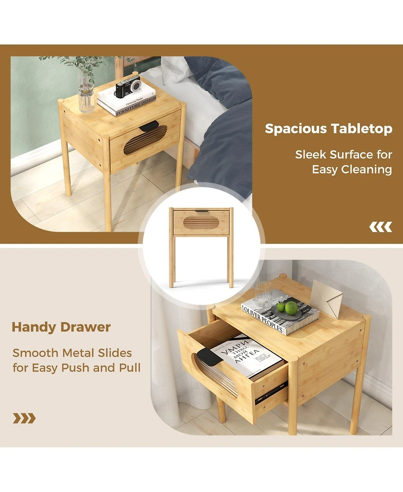 Sugift Bamboo Nightstand Square Tall End Table with Decorated Drawer