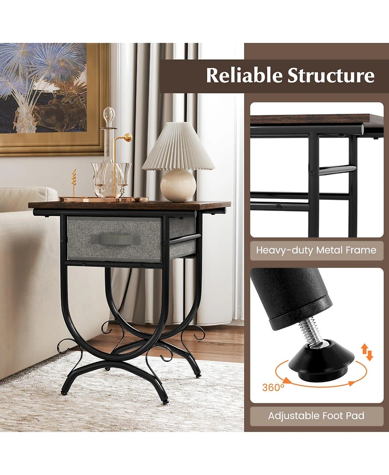 Sugift Side Table with Fabric Drawer and Carved Metal Frame for Living Room