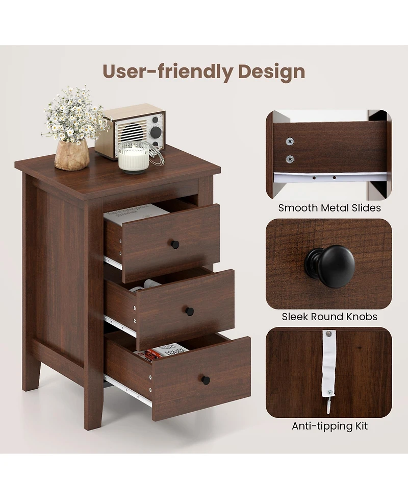 Sugift Modern Bedside Cabinet with 3 Drawers for Living Room and Bedroom-Walnut
