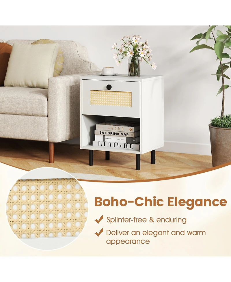 Sugift Rattan Nightstand Boho End Table with Rattan Drawer and Open Shelf