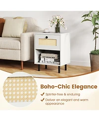 Sugift Rattan Nightstand Boho End Table with Rattan Drawer and Open Shelf