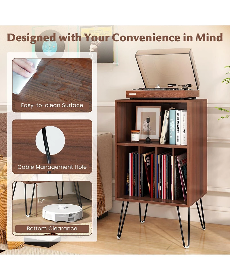 Sugift Record Player Stand with Charging Station Turntable Stand with Vinyl Storage-Walnut