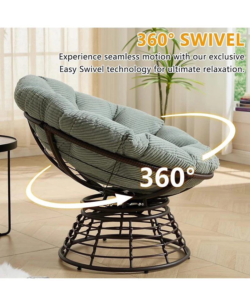Rainsken 360degree(s) Swivel Rattan Lounge Chair, Wicker Papasan Seat with Plush Cushion, Sturdy Frame Holds Up to 300 Lbs for Bedroom and Balcony