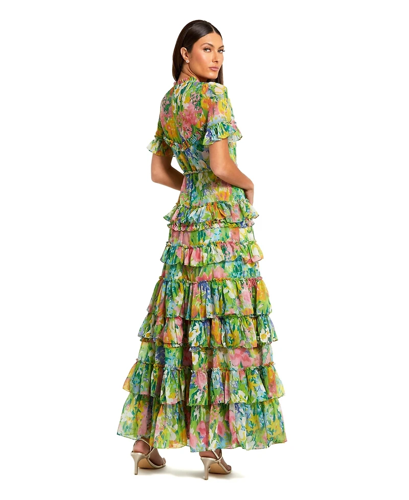 Mac Duggal Petite Green Ruffle Tiered Chiffon Floral Dress
