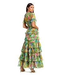 Mac Duggal Petite Green Ruffle Tiered Chiffon Floral Dress