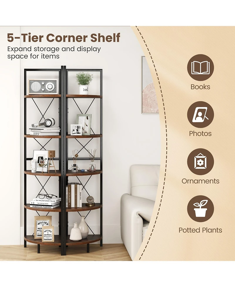 Gouun 5-Tier Freestanding Corner Shelf with Metal Frame, 14 x 14 x 63