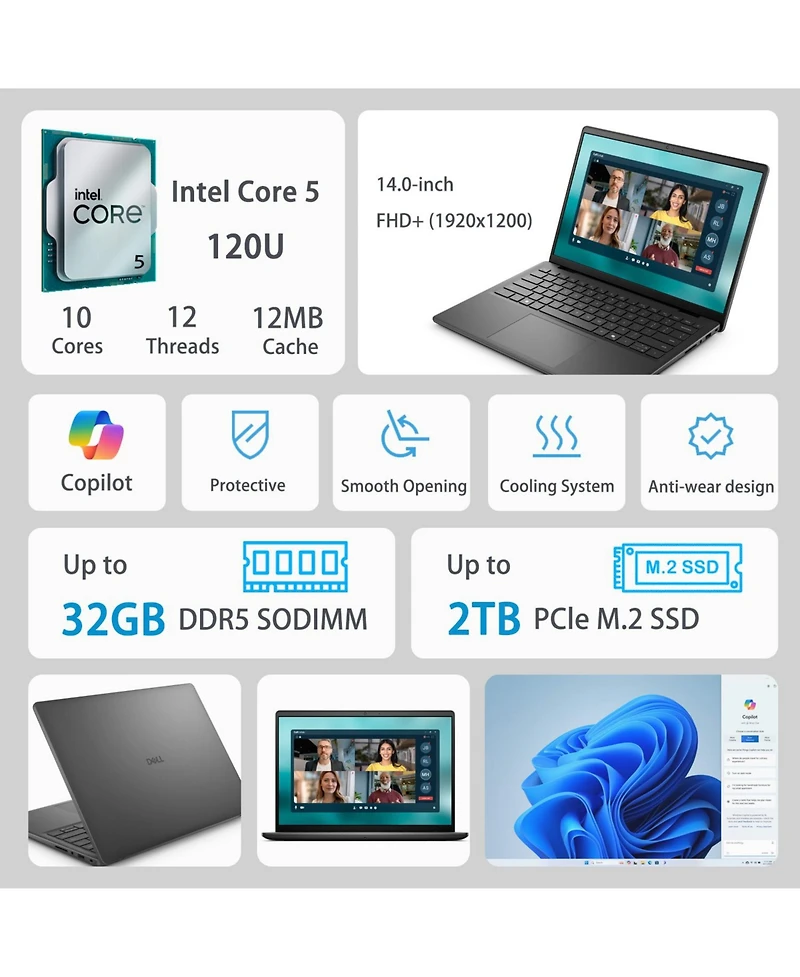 Dell 14 14" Traditional Laptop Intel Core 5 8GB Ram Intel Graphics 512GB Ssd Storage Windows 11 Home 60Hz -