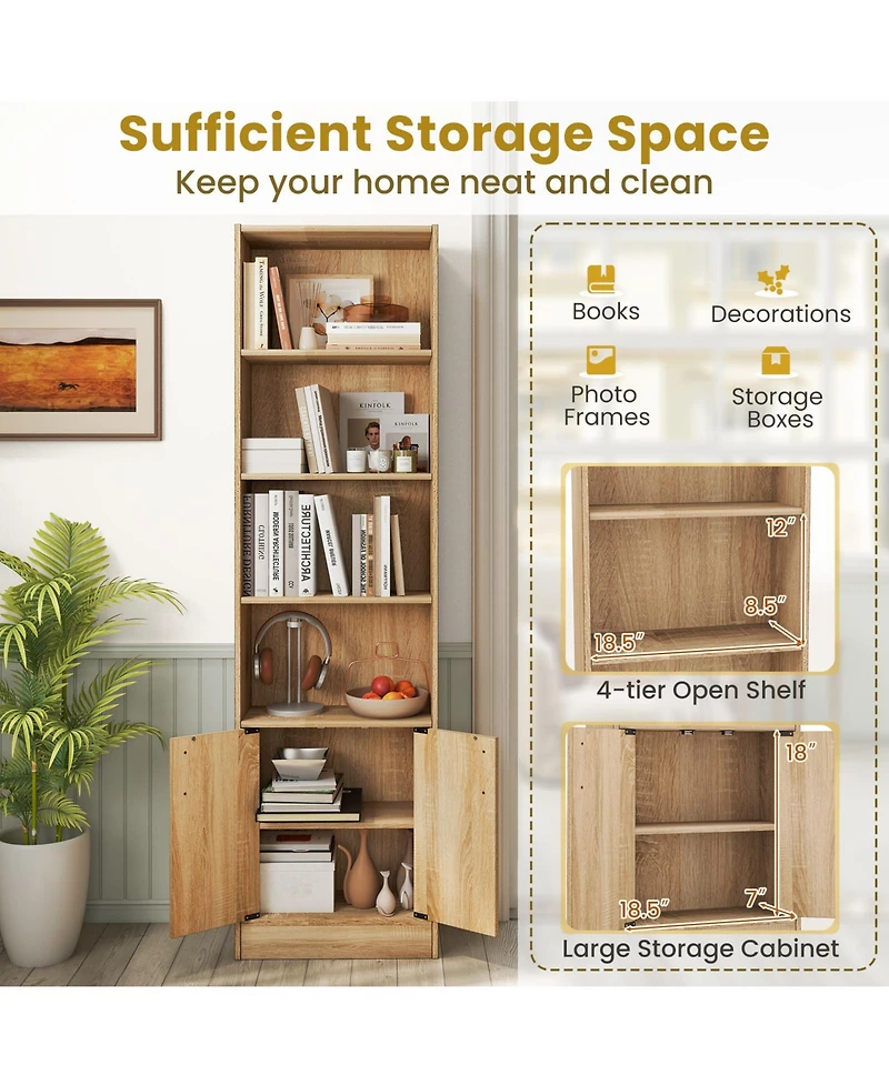 Gouun 6-Tier Tall Bookshelf with Double Doors and 4 Open Cubes