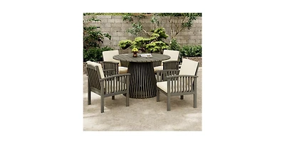Flynama Outdoor Acacia Wood Conversation Set 2 Club Chairs with Foldable End Table Grey Finish Cream Cushion for Garden Patio Deck