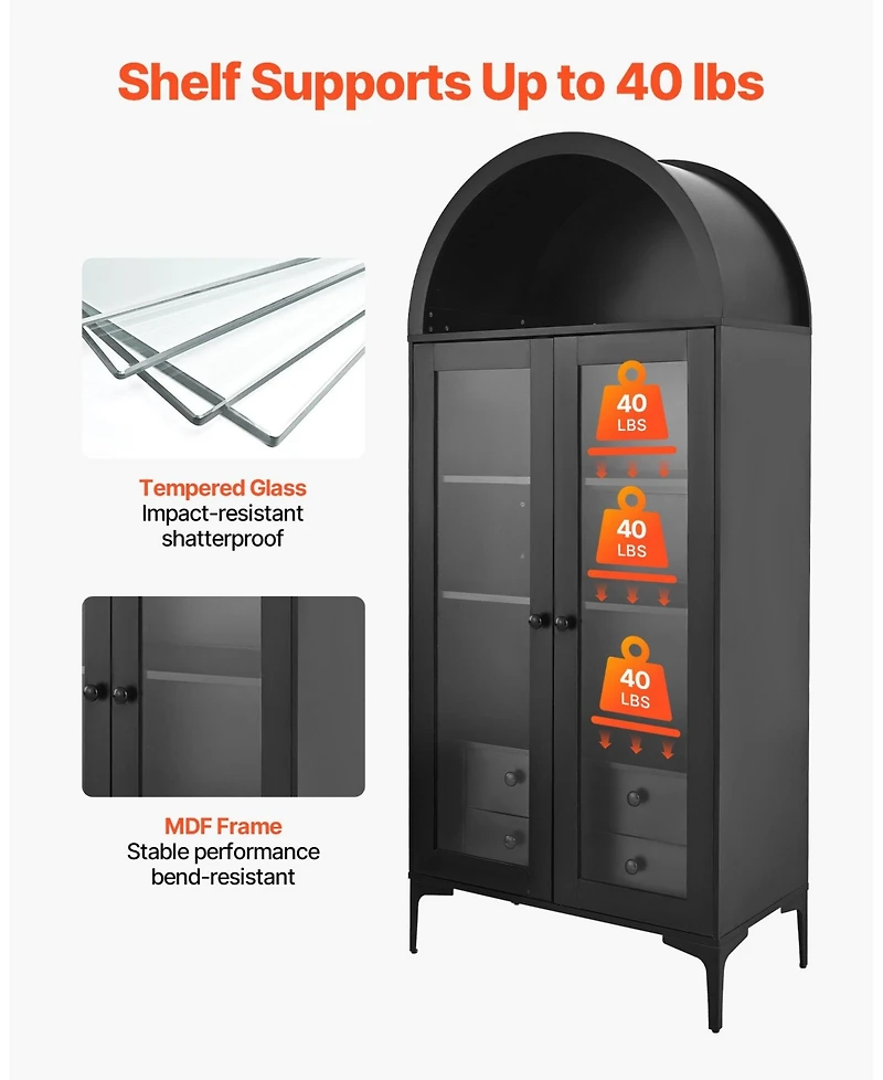 Gouun Arched Display Cabinet with Glass Doors, Tall Curio Cabinet