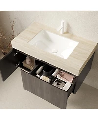 Sillysis Floating Bathroom Vanity with Roma Travertine Sintered Stone Top, Ceramic Sink, Soft Close Storage