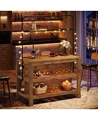 Tribesigns 3-Tier Solid Wood Bar Table, 47'' Industrial Home Bar Unit with Storage Shelves and Metal Rack with 5 hooks