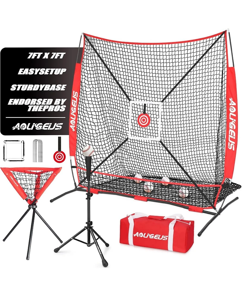 Aoligeijs Baseball Softball Practice Net,Pitching Net,Batting Net,with Baseball Tee,Bonus Strike Zone,Target and Bow Frame,for Hitting,Pitching