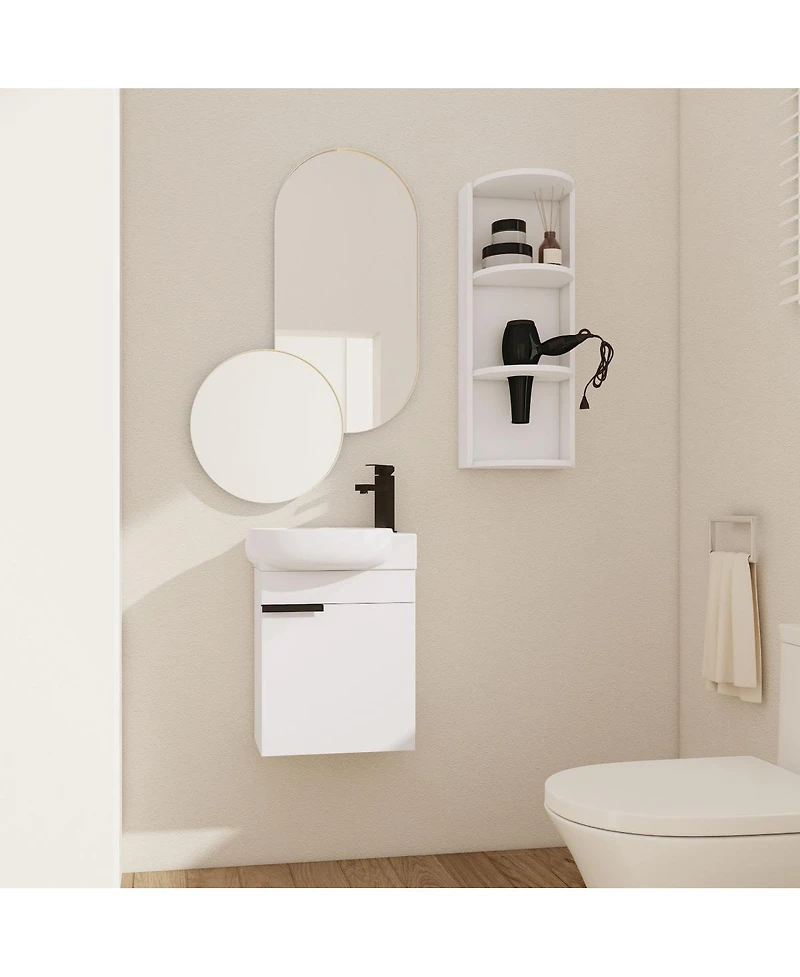 Sillysis 16.8 Inch Bathroom Vanity with 3-Tier Storage Rack and Ceramic Sink, Black Wall Mounted Modern Cabinet, Soft Close Door for Small Spaces
