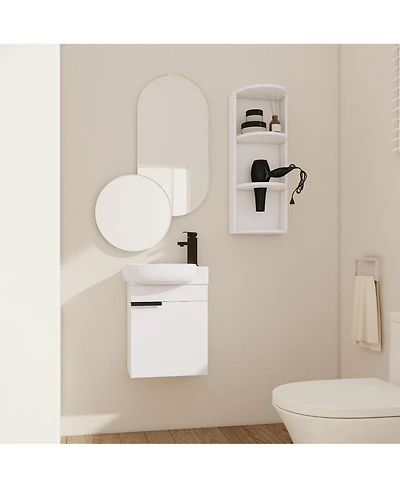 Sillysis 16.8 Inch Bathroom Vanity with 3-Tier Storage Rack and Ceramic Sink, Black Wall Mounted Modern Cabinet, Soft Close Door for Small Spaces