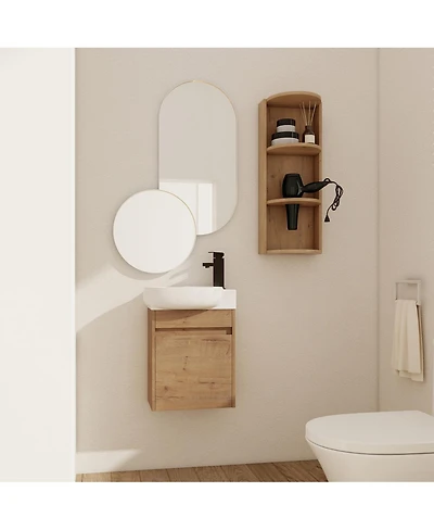 Sillysis 16.8 Inch Bathroom Vanity with 3-Tier Storage Rack and Ceramic Sink, Wall Mounted Modern Cabinet, Soft Close Door for Small Spaces