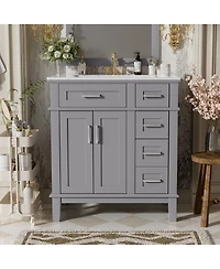 Sillysis 30 Inch Modern Bathroom Vanity with Ceramic Sink, Solid Wood Mdf Freestanding Cabinet, Soft Close Drawers for Small Spaces