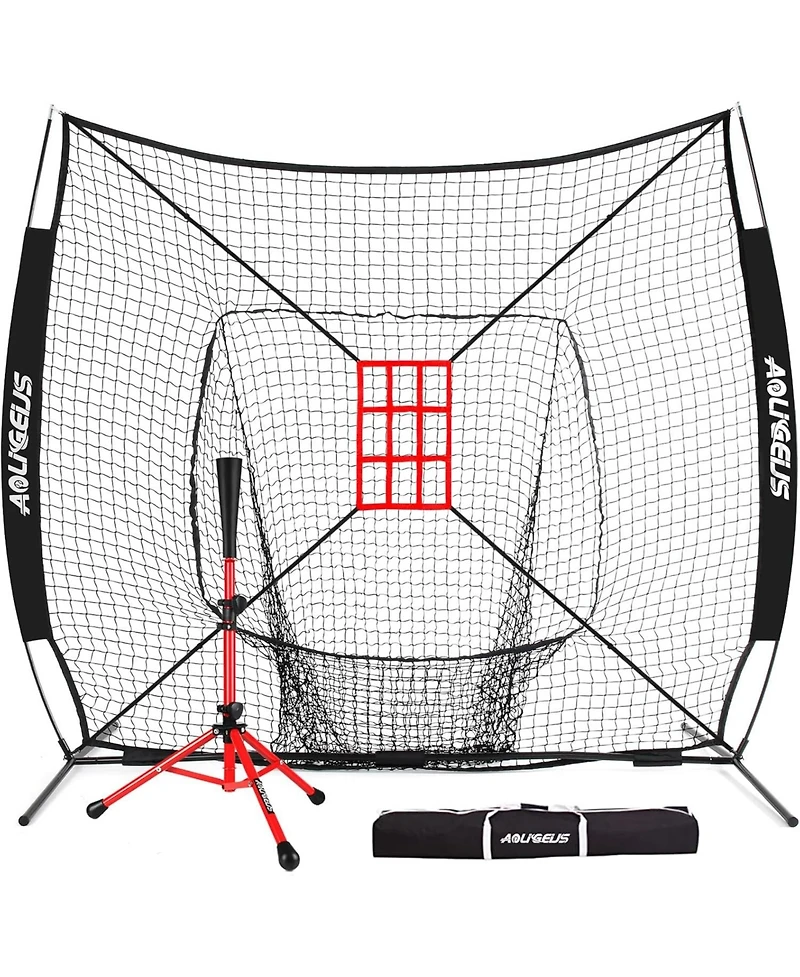 Aoligeijs Baseball Softball Practice Net,Pitching Net,Batting Net,with Baseball Tee,Bonus Strike Zone and Bow Frame