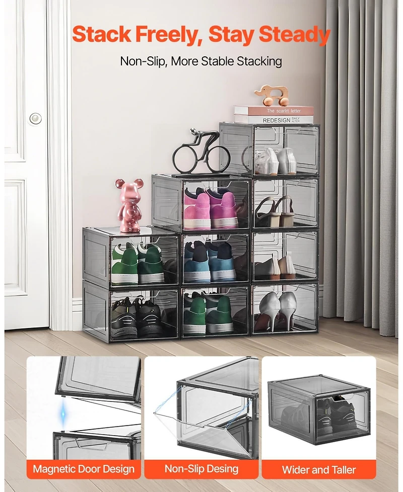 Gouun Clear Stackable Shoe Boxes with Magnetic Door, 9 Pack, Fits Us Size 13