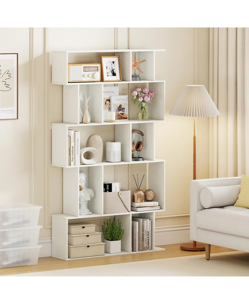 Gouun 5-Tier Geometric Bookshelf with Open and Closed-Back Cubes, 35.5 x 8.5 x 62