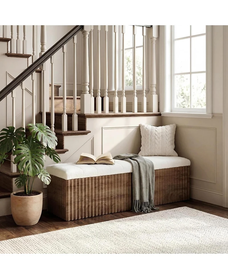 Tribesigns Upholstered End of Bed Storage Bench, 63" Farmhouse Wooden Entryway Bench with Cushion, Padded Ottoman with Shoe Storage