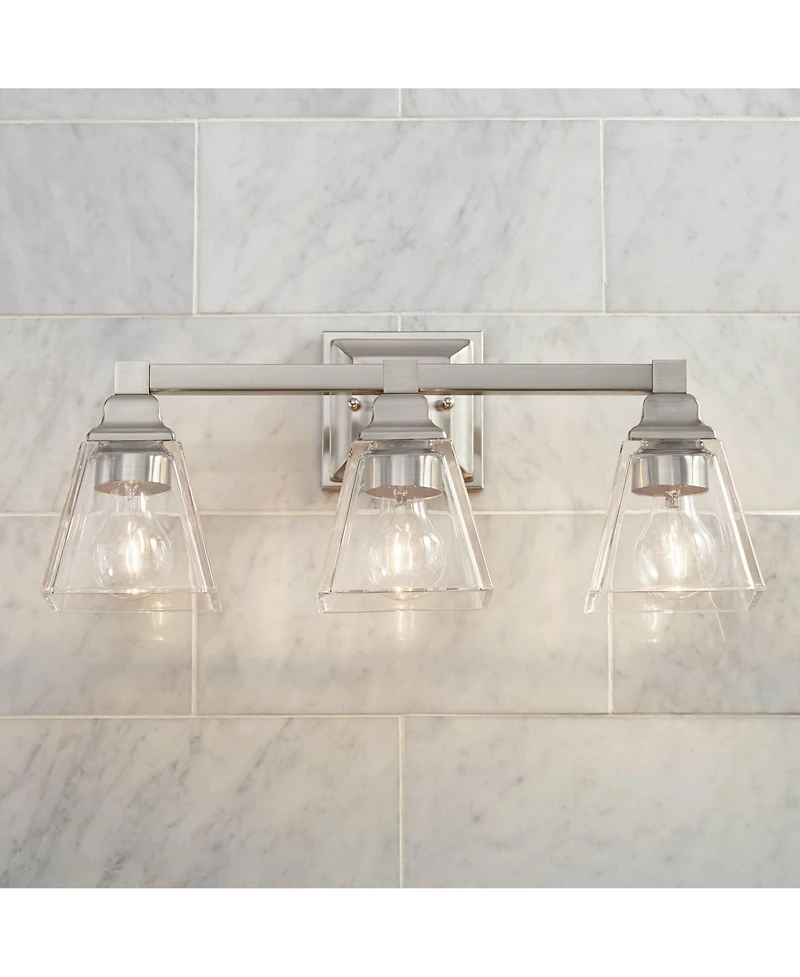 Mencino Mid Century Modern Wall Light Satin Nickel Silver Metal Hardwired 20" Wide 3-Light Fixture Clear Glass Cone Shade for Bathroom Vanity Mirror H