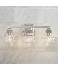 Mencino Mid Century Modern Wall Light Satin Nickel Silver Metal Hardwired 20" Wide 3-Light Fixture Clear Glass Cone Shade for Bathroom Vanity Mirror H