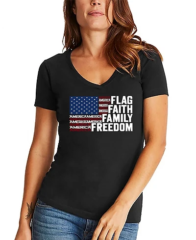 La Pop Art Women's Faith Flag Word V-Neck T-shirt