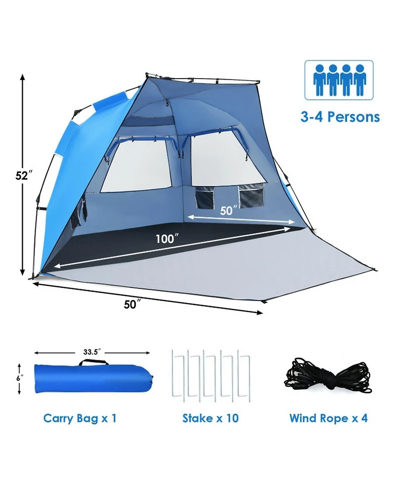 Gouun 3-4 Person Pop-Up Beach Tent with Upf 50+ Protection and Front Porch