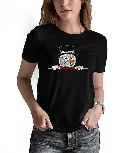 La Pop Art Women's Peeking Snowman Word Pullover Top
