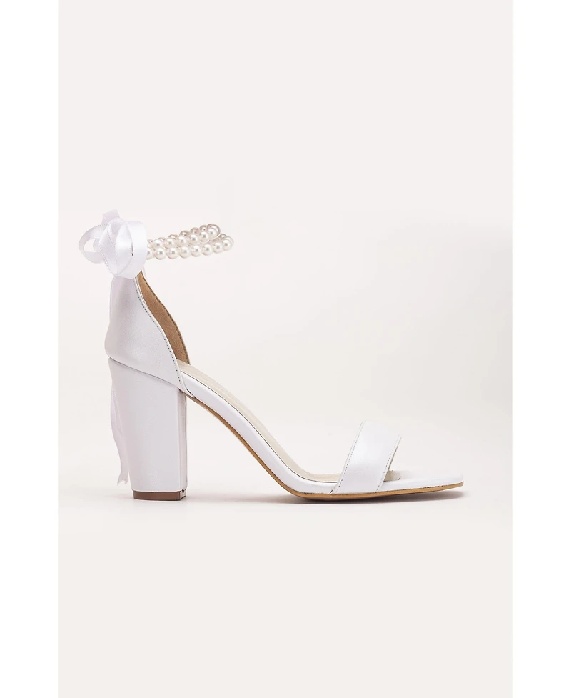 Forever & Always Shoes Women's Dina Block Heel Leather Sandals with Pearls