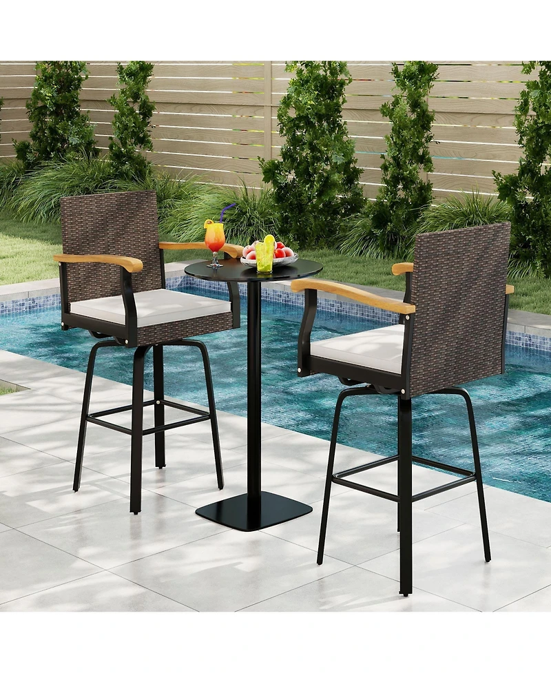 Sugift One Outdoor 360degree(s) Swivel Bar Stool with Cushion and Acacia Wood Armrests