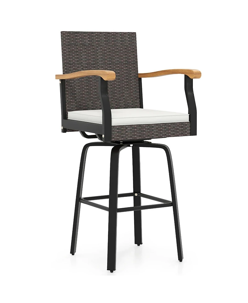 Sugift One Outdoor 360degree(s) Swivel Bar Stool with Cushion and Acacia Wood Armrests