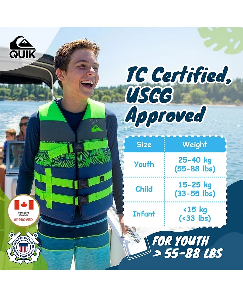 Quiksilver Uscg Approved Teen Life Vest Pfd, Light-Weight Epe Foam, Three Belts with Quick-Release Buckles for Boating Kayaking