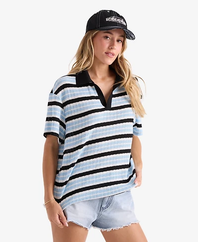Volcom Women's Striped Short-Sleeve Swim Cover-Up Polo Shirt